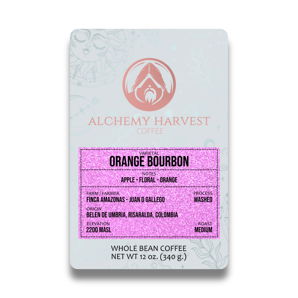Whole bean Orange Bourbon packaging with origin details