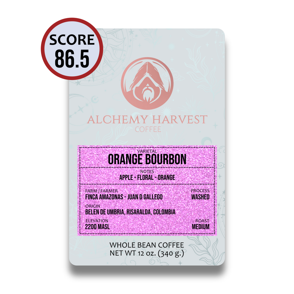 Whole bean Orange Bourbon packaging with origin details