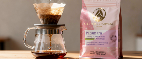 Drip coffee being brewed with a bag of Alchemy Harvest Coffee on a wooden surface.
