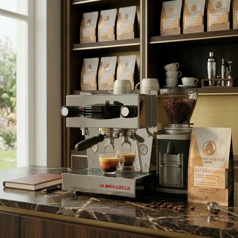 Coffee machine on a counter with coffee bags and a window in the background