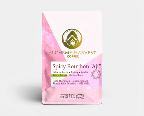 Alchemy Harvest Coffee Spicy Bourbon 'Aji' package on a white background
