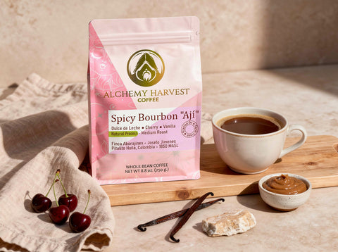 Alchemy Harvest Coffee bag with a cup of coffee, cherries, and vanilla beans on a wooden board.