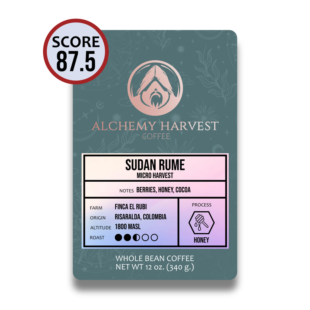 Alchemy Harvest coffee package with a score of 87.5 on a white background
