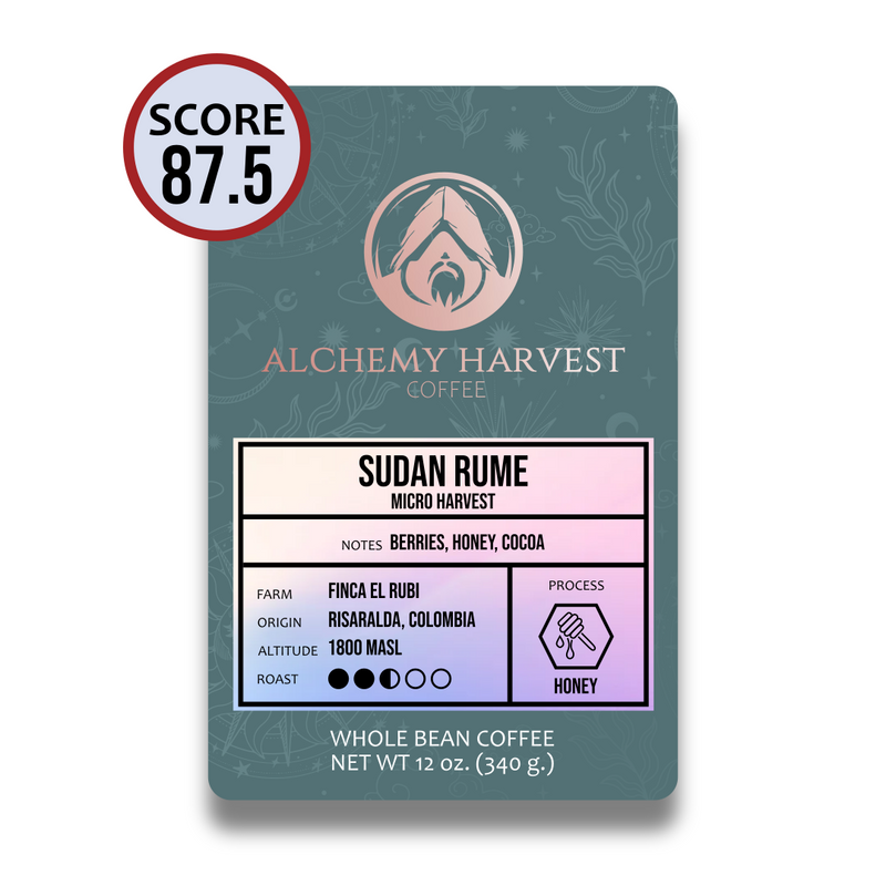 Alchemy Harvest coffee package with a score of 87.5 on a white background