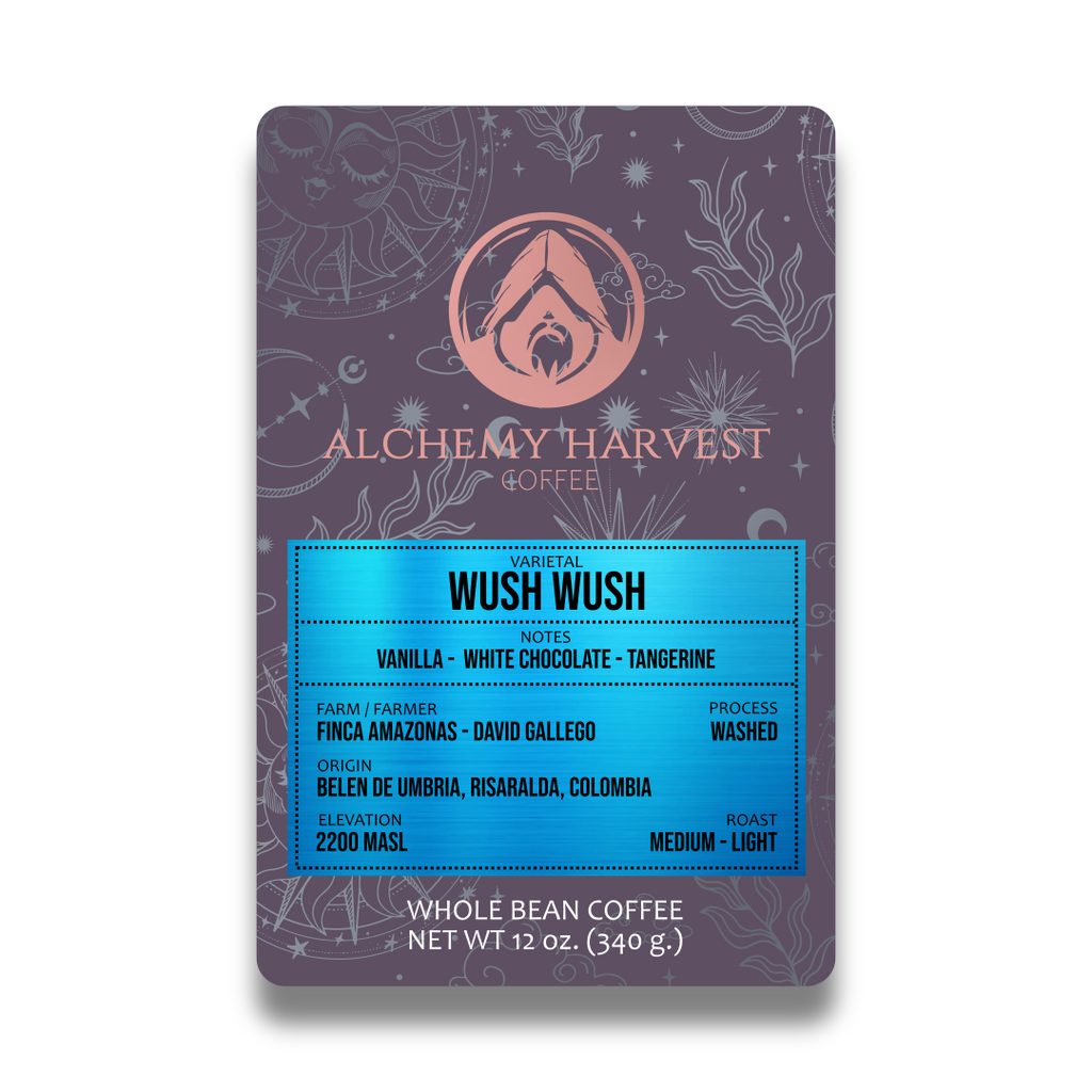 Alchemy Harvest Coffee package with detailed information on a white background