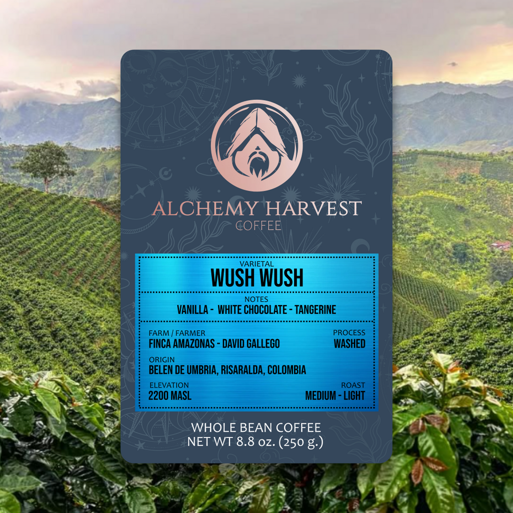 Alchemy Harvest Coffee package with coffee plantation in the background