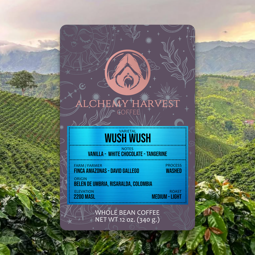 Alchemy Harvest Coffee package with coffee plantation in the background