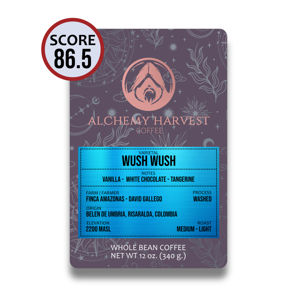 Alchemy Harvest coffee package with detailed information on a white background