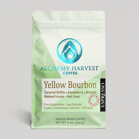 Alchemy Harvest Coffee Yellow Bourbon package on a gray background