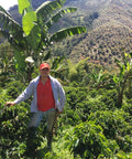 Nelson Urrego standing among coffee plants with a mountainous landscape in the background