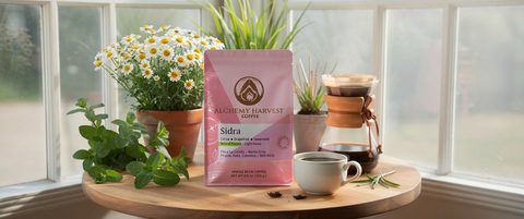 Pink coffee bag labeled 'Sidra' on a wooden table with a cup, plants, and a window in the background.